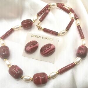 Elegant Pearl and Burgundy Bead Necklace and Earring Set